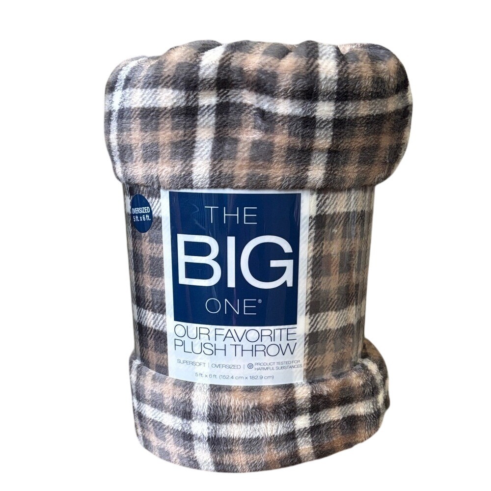 Throw Blanket Oversized Neutral Plaid The Big One 60x72 Soft Fall Autumn Brown